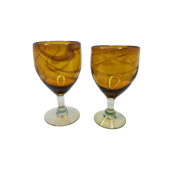 Vintage Hand Blown Amber Swirl Wine Glasses Set Of 2 - Picture 2 of 6